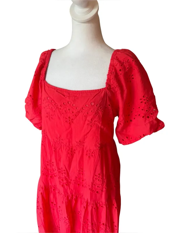 Cotton Maxi Dress Smocked Back Eyelet Puff Sleeve Coral Womens Large - Image 3
