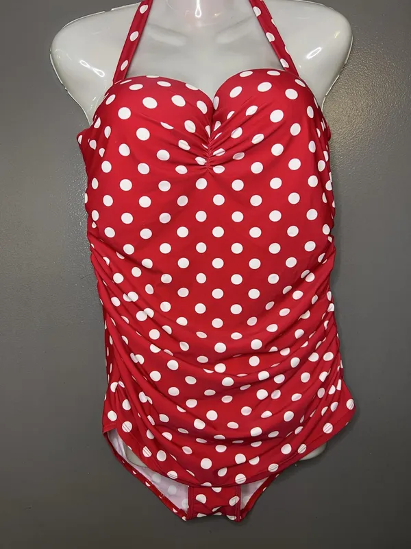 Red Polka Dot Swimsuit Womens XL Halter Ruched One Piece Padded Swimwear - Image 2