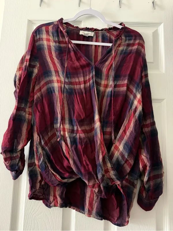Vintage America Tiffany Plaid Surplice Blouse Roll Tab Sleeve Medium - Image 2