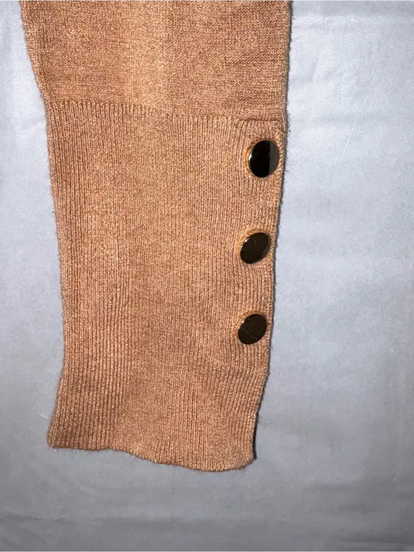 Zara Knit Sweater Womens Sz Med Brown Stretch‎ Gold Buttons Crewneck Basic - Image 3