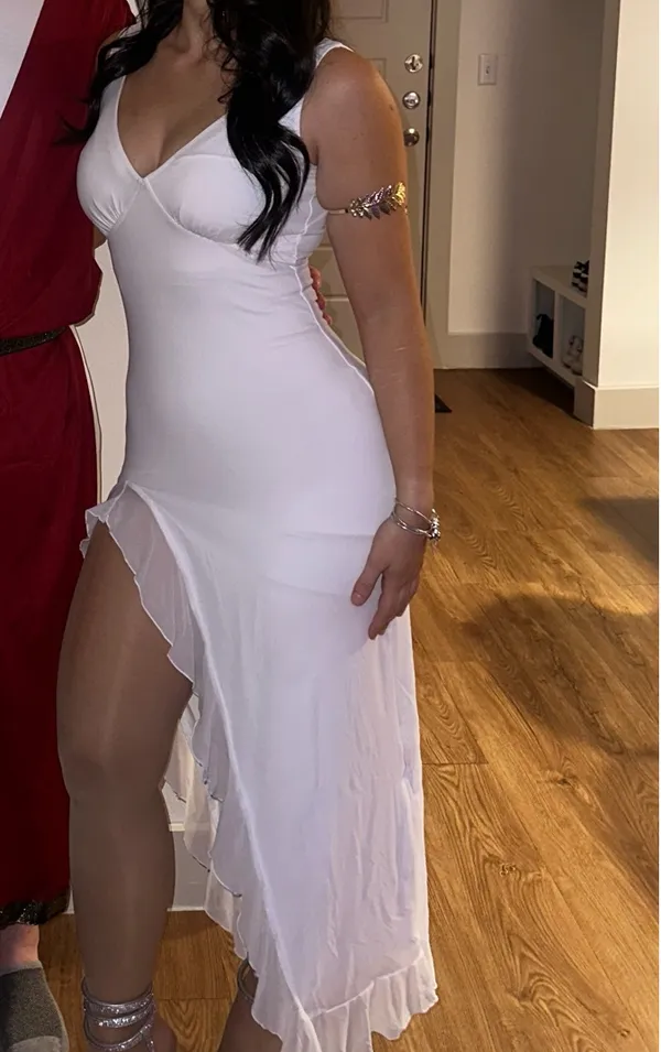 White Chiffon Maxi Dress — High Slit, Ruffle Hem - Image 2