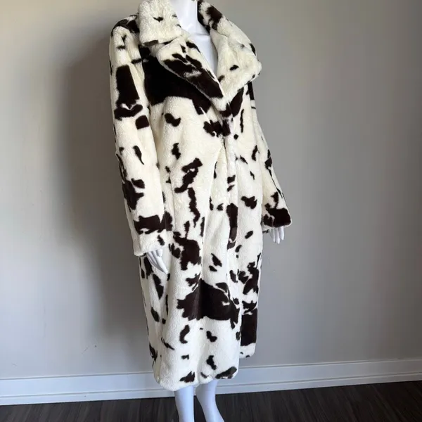 Stoosh Cow Print Faux Fur Coat Dark Brown Crème NWOT - Image 4
