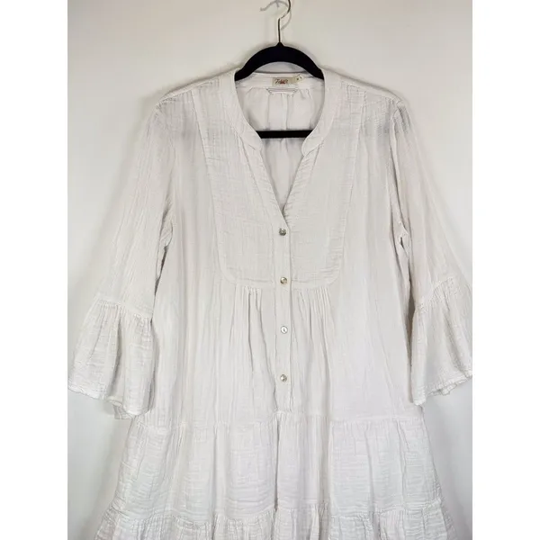 Faherty Dress White Mini Gauze Kasey V Neck Tiered Flared Coastal Cowgirl Medium - Image 10