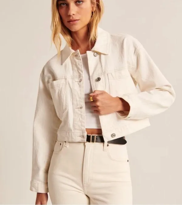 Abercrombie & Fitch White Cropped Denim Jacket size XS boyfriend Boxy fit - Image 11