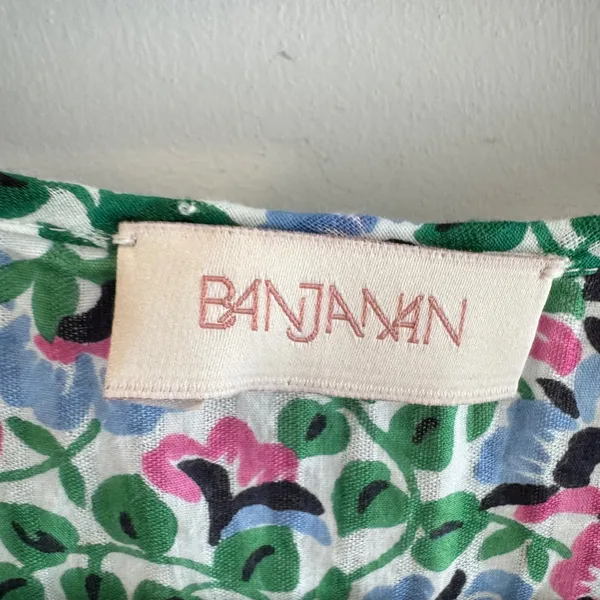 Banjanan Kira Floral Cotton Peplum Top V-Neck Ruffle Sleeve Pink Blue Green‎ M - Image 2