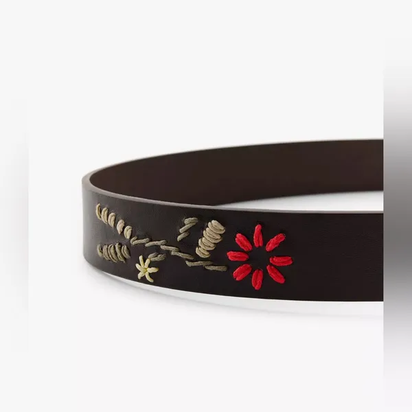 Zara Womens Brown Leather Embroidered Floral Belt Gold Buckle‎ Festival Hippie - Image 2