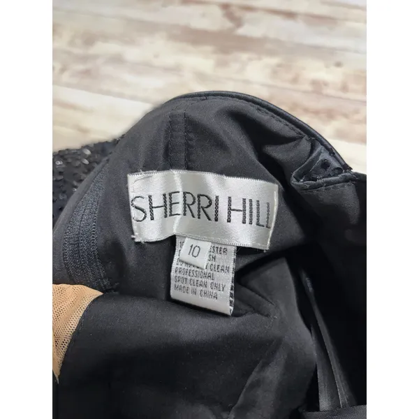 Sherri Hill Floral Printed Satin Ball Gown 10 Deep V-Neckline Beaded Black Prom - Image 7