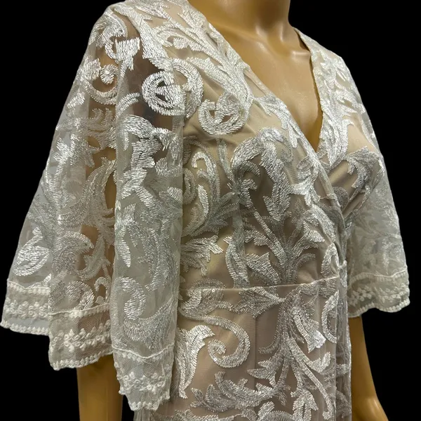 Lulus Celebration Hour Cream Lace Sequin Embroidered Zip Back Mini Dress Medium - Image 7