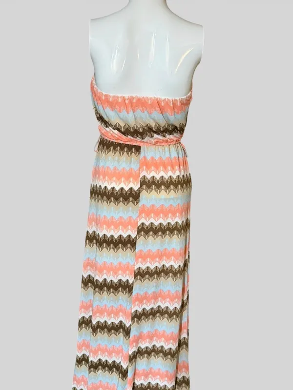 Wishful Park Strapless Maxi Dress in Coral, Light Blue & Brown Chevron - Image 5