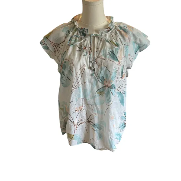 Parker watercolor floral blouse Medium cap sleeve button tie front - Image 2