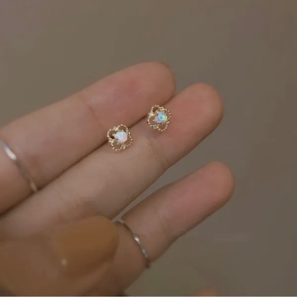 18K Gold Plated Hollow Mini Small Opal Stud Earrings for Women - Image 2