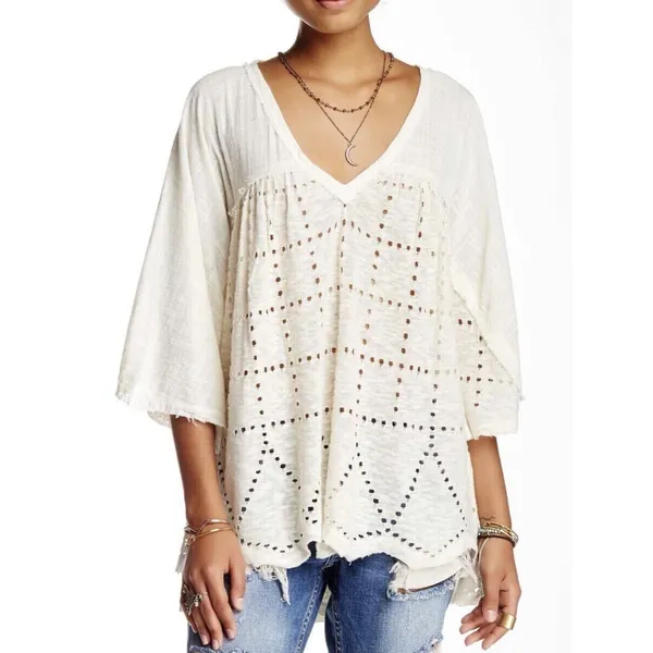 Free People "Summer Lovin" Linen Blend Frayed Trim Top Blouse Size XS $128‎ - Image 2