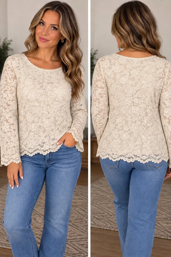Coldwater Creek Lace Top Size L Cream Long Sleeve Floral Scallop Hem - Image 2