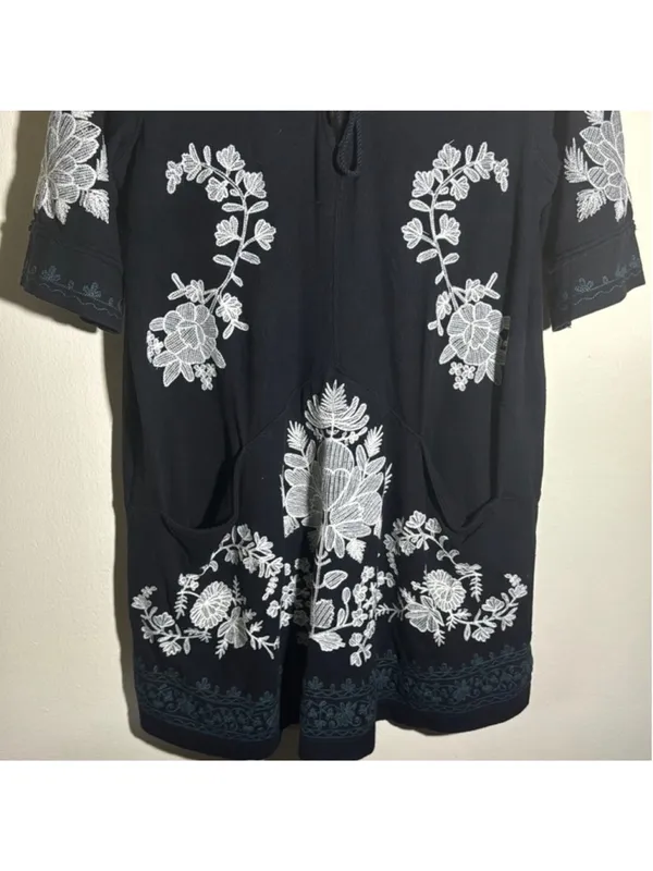 Free People Women's Black & White Embroidered Mini Dress Size Large - Image 4
