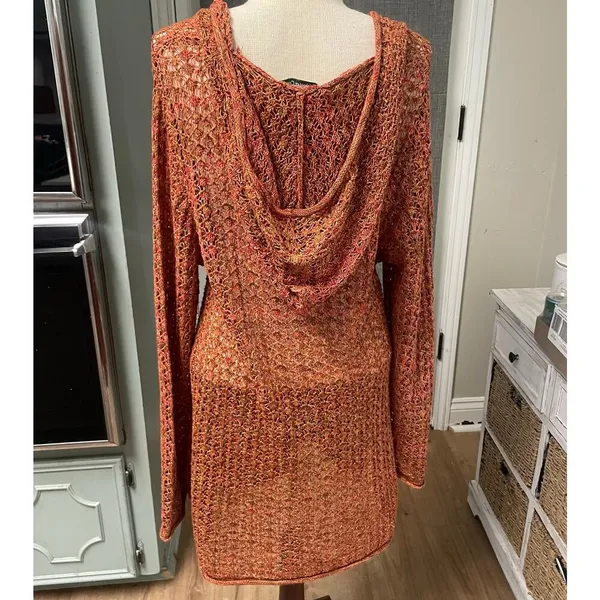 Coldwater Creek Hooded Sweater Size Medium Orange Loose Knit Cover Up Tunic - Image 3