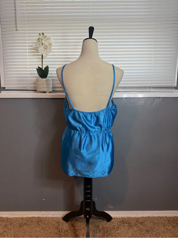 Vintage Sapphire Blue Satin Lace Cami Top Made USA Union Tag Size M - Image 6