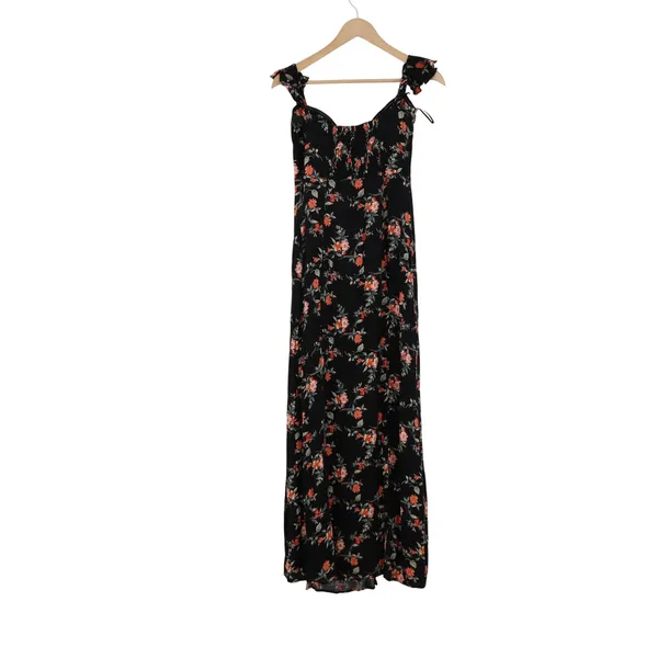 Ambiance Floral Maxi Dress Black Orange Ruffle Sleeve Slit Sweetheart Large - Image 3