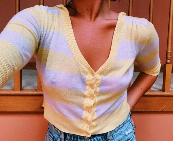 Yellow And White Striped Cropped Sweater Top - Image 4