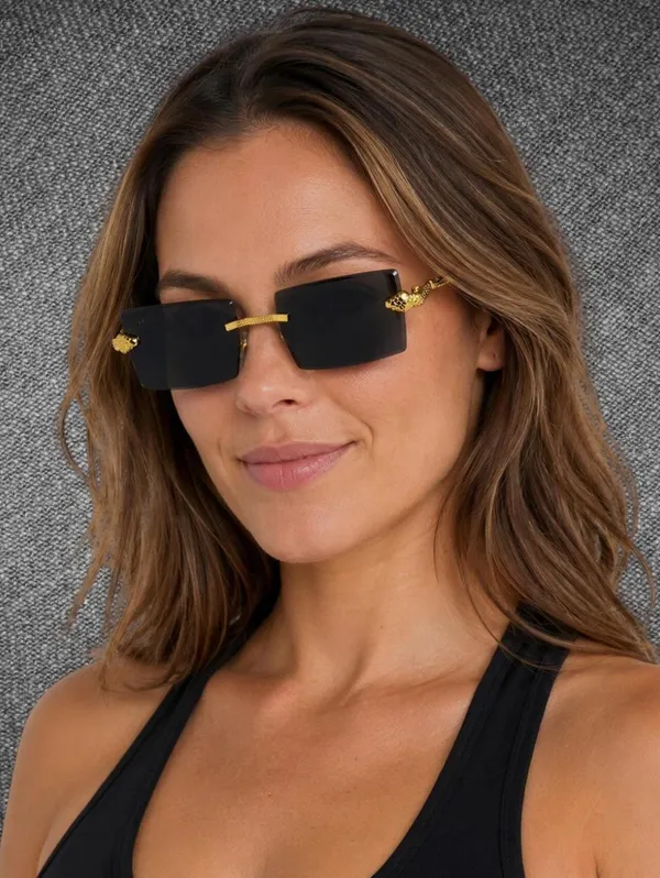 Black Rimless Rectangle Gold Serpent Y2K Sunglasses - Image 2