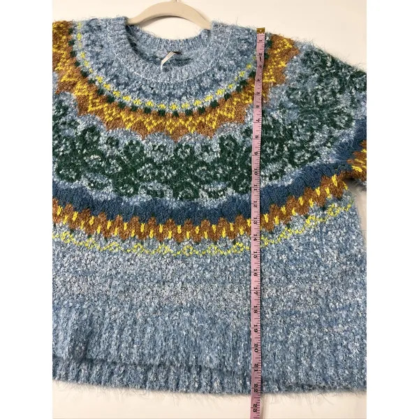 Free People Festive Frost Fair Isle Fuzzy Sweater Small Blue Green Oversized - Image 8