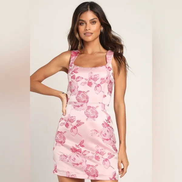 LULU’S Brighter Side Pink Floral Satin Jacquard Mini Dress - Image 5