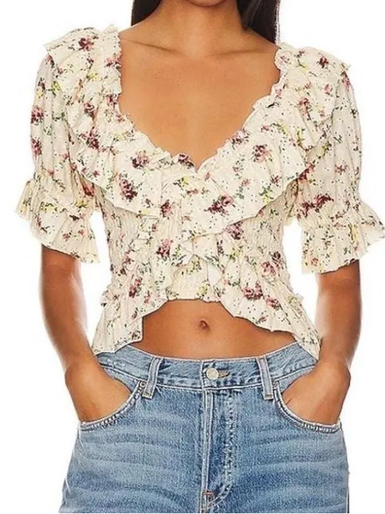 Free People favorite girl ruffle front smocked floral crop top cream medium - Image 3