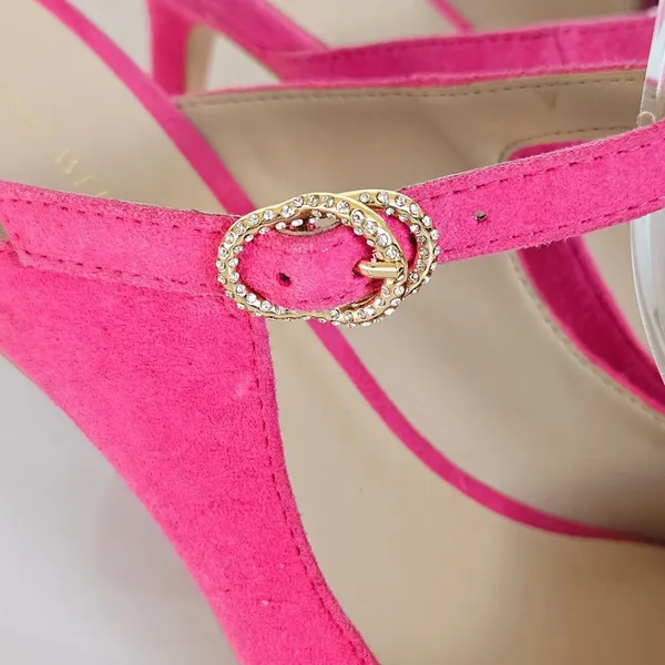 Stuart Weitzman Dazzle 75 Mule Pink Suede Crystal Buckle Mary‎ Jane Heels 6.5 - Image 4