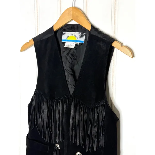 Spring West Black Genuine Leather Suede Fringe Western Vest Conchos Womens M - Image 5
