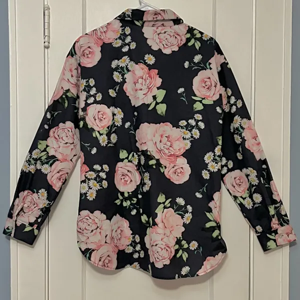 Minan NYC button up shirt blouse size medium floral rose daisy office workwear - Image 4