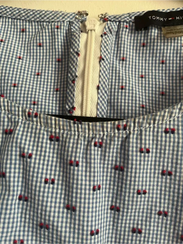 Tommy Hilfiger Blue 100% Cotton Gingham Plaid Embroidered Top Large Coastal - Image 5