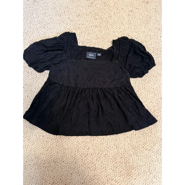 Maeve Anthropologie Batia Textured Babydoll Blouse Black Puff Sleeve‎ XS - Image 2