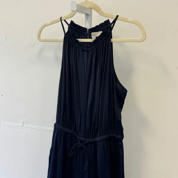 LOFT Satin Sleeveless Halter Neck Wide Leg Jumpsuit Size S 494571 Navy Blue - Image 3