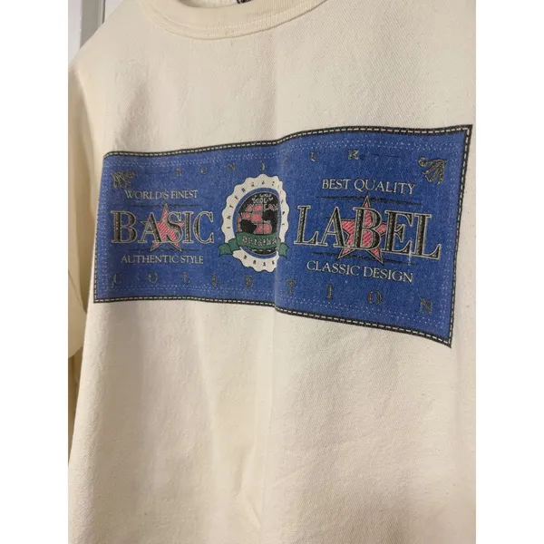 Vintage Bonjour Basic Label Pullover Sweatshirt Cream Graphic Made in USA L - Image 4