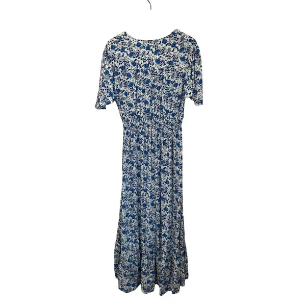 Abel‎ The Label Blue White Floral Midi Dress L Wrap V Neck Cottagecore Boho - Image 3