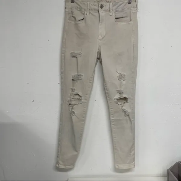 American Eagle Tan Distressed Skinny High Rise Jeans Womens 10 Denim Zip Fly - Image 2