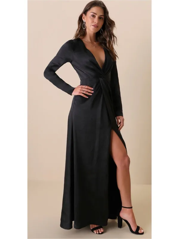 Lulus NWT Endearing Elegance Black Satin Long Sleeve Plunge Maxi Dress Size XS - Image 11