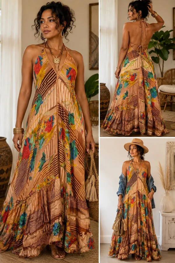 Indian Silk Bohemian Halter Maxi Dress - Image 3