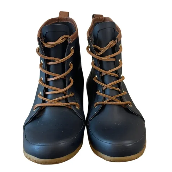 Tory Burch Lace Up Rain Boots Navy Rubber Short‎ Boot 9 - Image 2