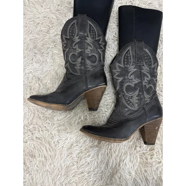 Volatile Women Black Leather Western Cowboy Boots Size 8.5 Denver Heel‎ - Image 2
