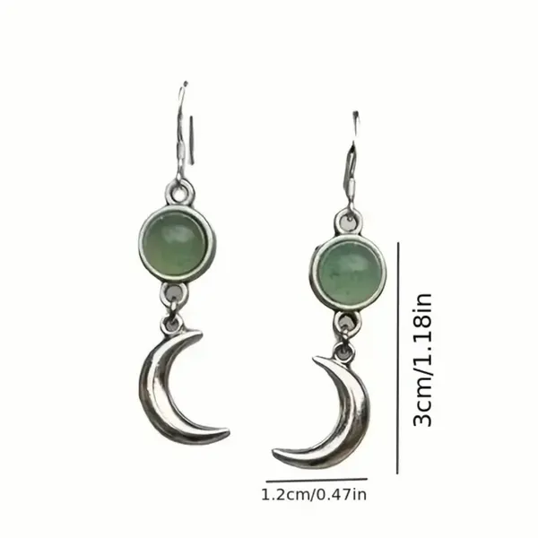 The Moon Stainless Steel Silver Vintage Green Stone Moon Shaped Earrings - Image 3