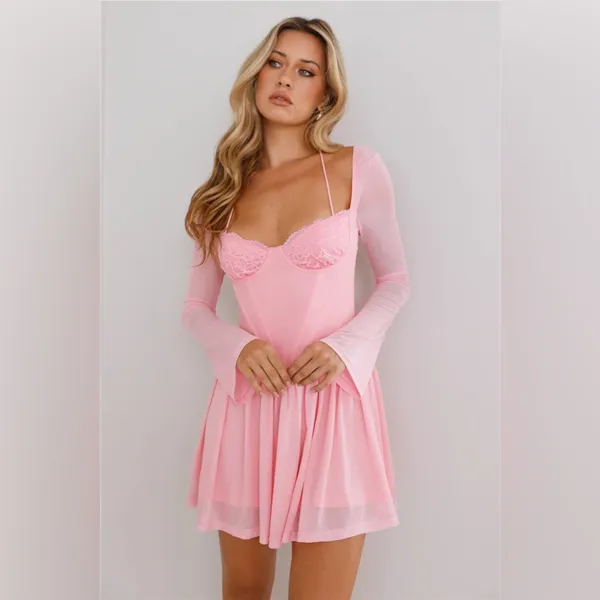 Hello Molly Tip Toe Lace Mini Dress Pink - Image 2