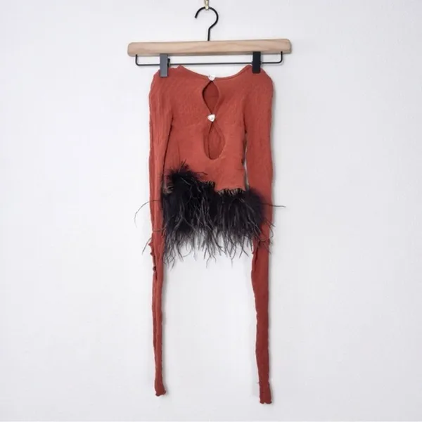 Poster Girl Mira Cutout Top OS Burnt Henna Chocolate Brown Ostrich Feathers Crop - Image 4
