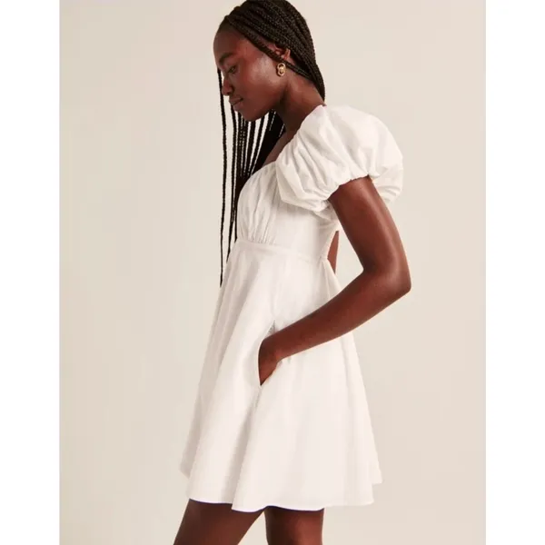 White Abercrombie Puff Sleeve Mini Dress Size Medium NWT - Image 3