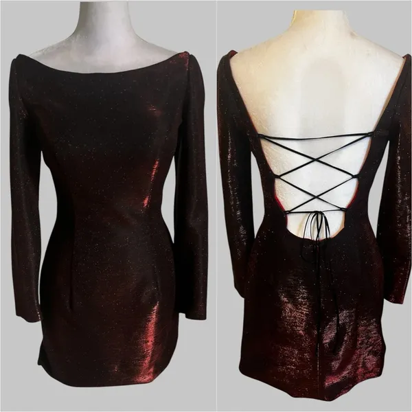 Sherri Hill 52978 Long Sleeve Formal Mini Dress Red Black Shimmer Lace Up Back - Image 2
