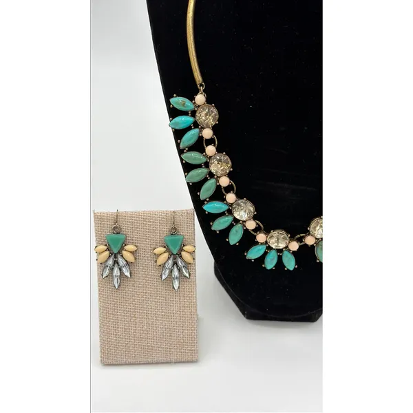 Turquoise Rhinestone Statement Necklace Earrings Set Bib Collar Boho Jewelry - Image 4