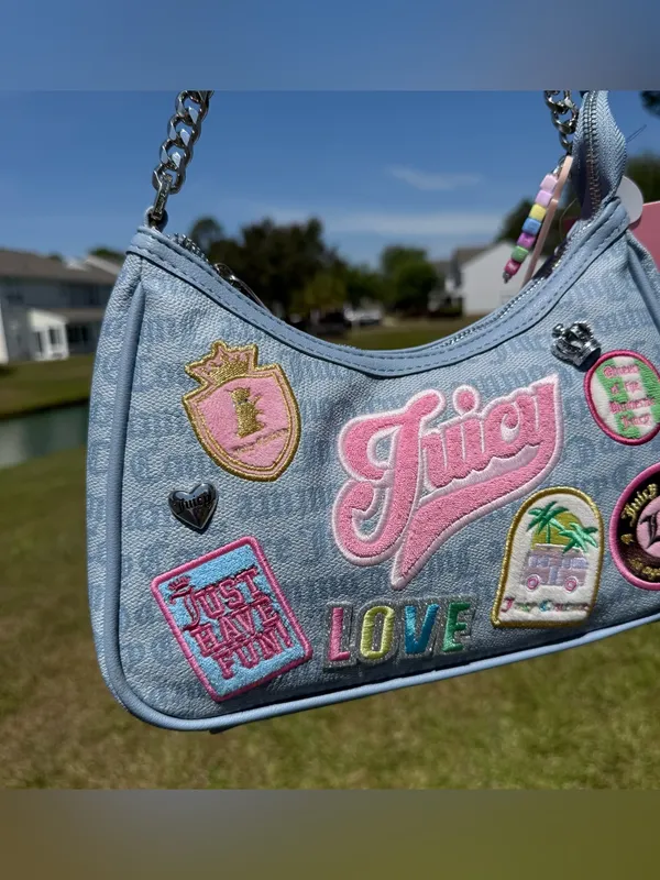 Juicy Couture "Run The World" light blue denim embroidered patches shoulder bag - Image 2