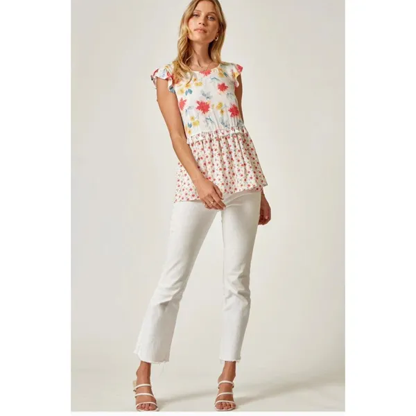 Emily Wonder Floral Babydoll Blouse Beachy Cap Sleeves Tassel Trim Women's sz. M - Image 2