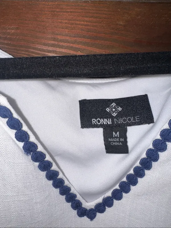 Ronni Nicole White Dress with Navy Trim Accents - Image 2