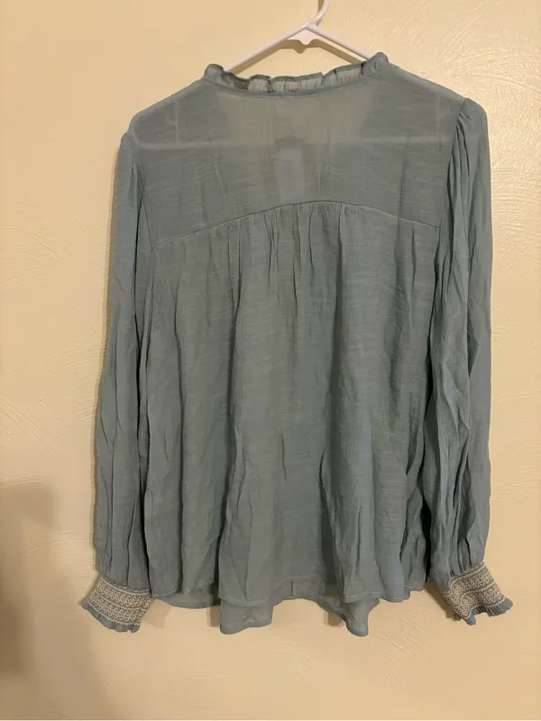 Perch by Blu Pepper Boho Peasant Blouse XL Blue Smocked Long Sleeve Cottagecore - Image 9