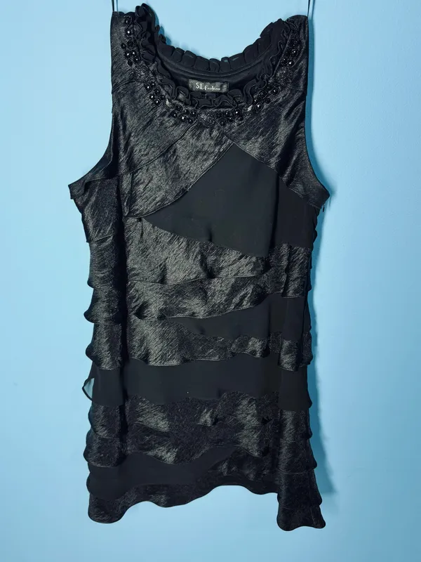S.L. Fashions Size 14 Black Embellished Tiered Ruffle Cocktail Mini Dress - Image 12